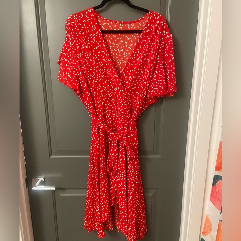 Red wrap dress with mini white hearts